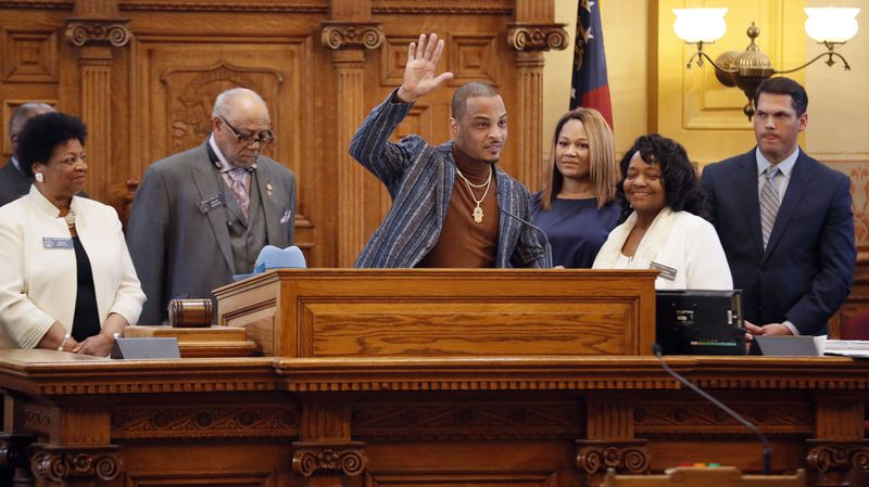 March 22, 2019 - Atlanta -  Atlanta rapper Clifford "T.I." Harris was in the Georgia Senate on Friday to be recognized for his work with the community. State Sen. Donzella James, D-Atlanta, sponsored the resolution that recognized Harris for his nonprofits Harris Community Works, which works with the disadvantaged, and For The Love Of Our Fathers, which works with people with Alzheimer's and dementia. Bob Andres / bandres@ajc.com