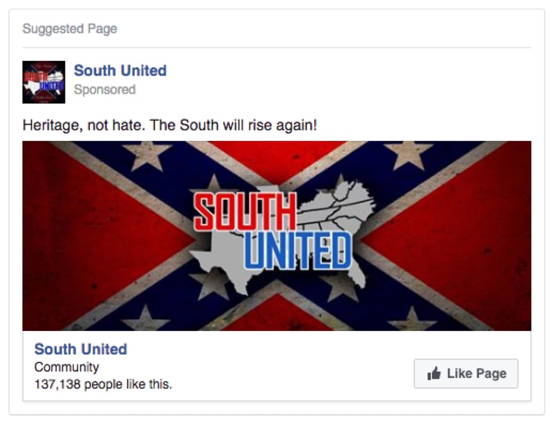 A Russian ad calling for the South to rise again features a Confederate flag.