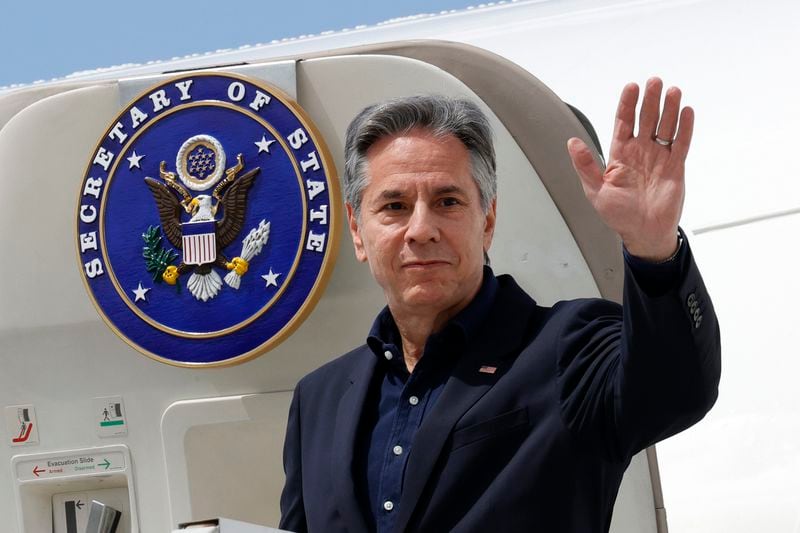 U.S. Secretary of State Antony Blinken arrives at the U.S. Naval Support Activity base, in Naples, Italy, Wednesday, April 17, 2024, ahead of the G7 foreign ministers summit on Capri island. (Ciro De Luca/Pool Photo via AP)