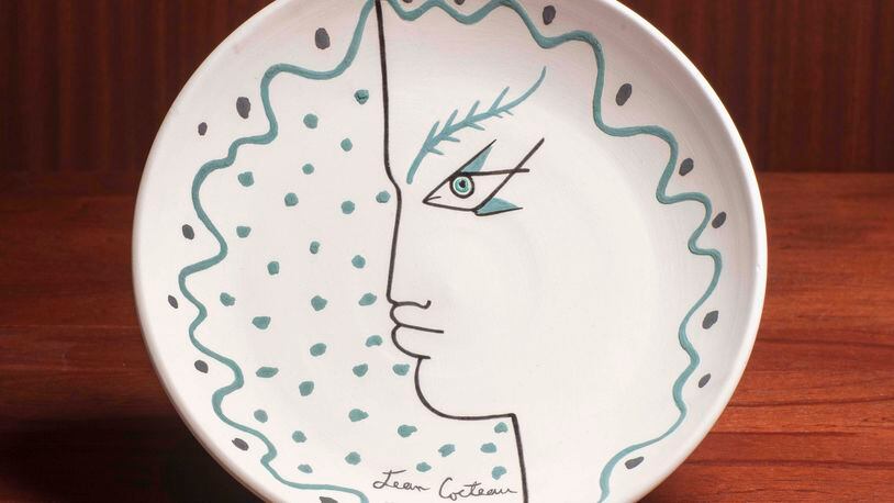 Vintage ceramic curved plate in white clay created by Jean Cocteau (1889-1963), signed and dated on the front, can be seen at The Object Space.