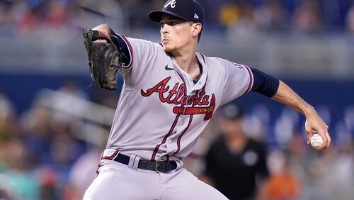 Atlanta Braves starting pitcher Max Fried throws during the first inning of a baseball game against the Miami Marlins, Saturday, July 10, 2021, in Miami. (AP Photo/Lynne Sladky)