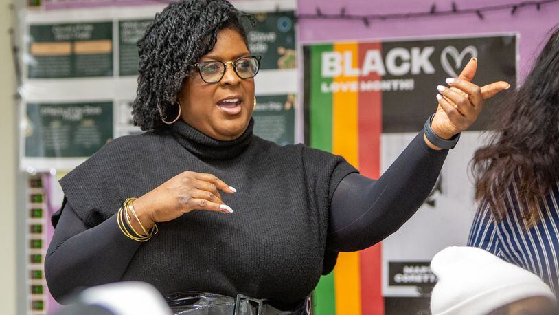 Atlanta Public Schools Superintendent Lisa Herring offers her own thoughts on the Advanced Placement African American Studies class she joined at Maynard Jackson High School on Friday, Feb. 17, 2023. (Jenni Girtman for The Atlanta Journal-Constitution)