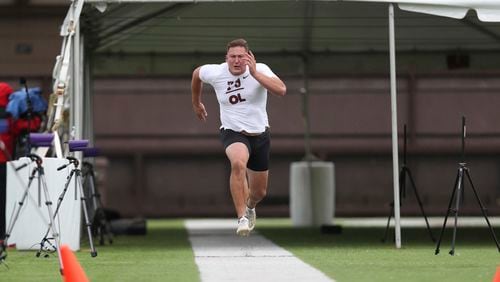 Stanford's Drew Dalman participates in the school's pro day football workout for NFL scouts in Stanford, Calif., Thursday, March 18, 2021. (AP Photo/Jed Jacobsohn)