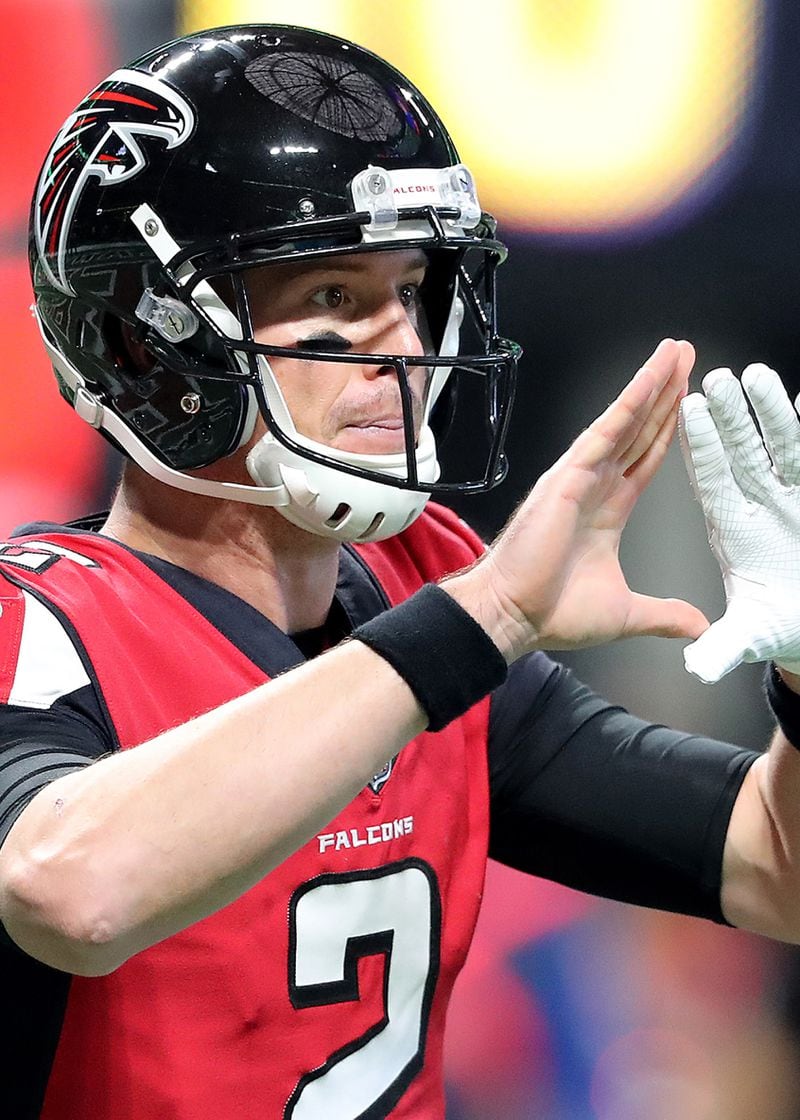 Falcons quarteback Matt Ryan calls a play against Minnesota. If he was forming a zero, that’s how many touchdowns the Falcons scored Sunday.