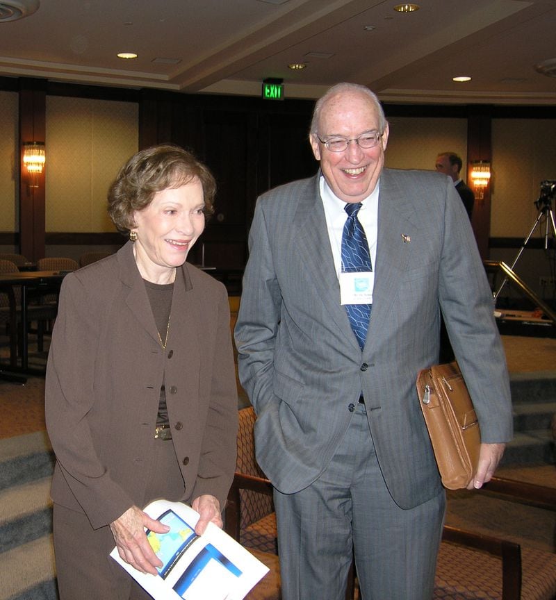 Oz Nelson and former First Lady Rosalind Carter in 2004 at The Carter Center. They were attending a meeting of the InterAmerican Conference on Onchocerciasis (IACO). Onchocerciasis is also known as river blindness and is one of the public health issues that President Carter and Nelson helped champion as leaders at The Carter Center.
