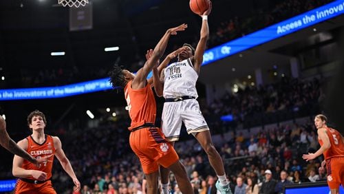Georgia Tech forward Jalon Moore scored 12 points with nine rebounds against Clemson in the Yellow Jackets' 79-66 loss at McCamish Pavilion Dec. 21, 2022. (Danny Karnik/Georgia Tech Athletics)