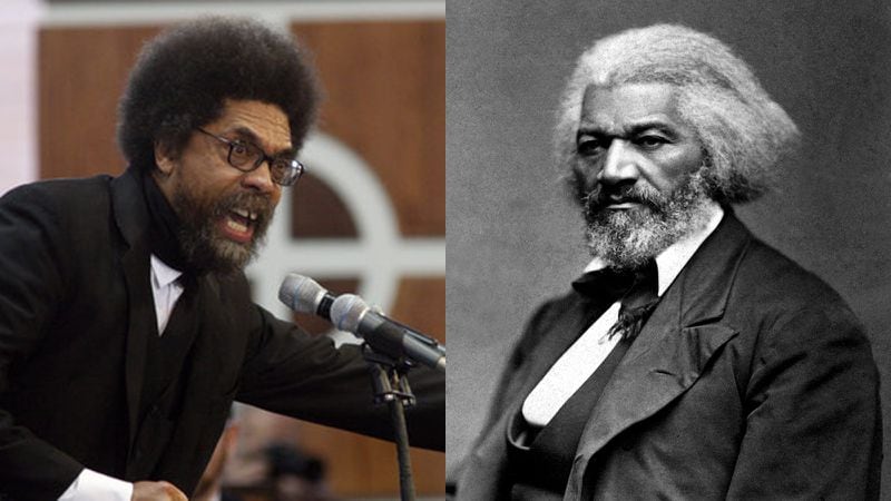 Two iconic Afros from then and now: social critic Cornel West, seen in 2010, and abolitionist Frederick Douglass, circa 1879. (John Spink / AJC; National Archives)