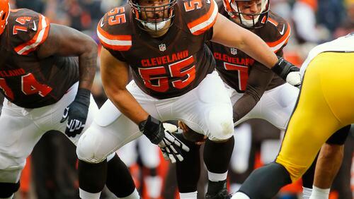 FILE - In this Jan. 3, 2016, file photo, Cleveland Browns center Alex Mack is shown during an NFL football game against the Pittsburgh Steelers, in Cleveland, Ohio. A person familiar with the decision says Browns Pro Bowl center Alex Mack is voiding the final three years of his contract and will become a free agent. Mack was set to make $24 million over the next three years, but chose to opt out of the deal, said the person who spoke Wednesday, March 2, 2016, to The Associated Press on condition of anonymity because of the sensitivity of the talks. (AP Photo/Winslow Townson, File)