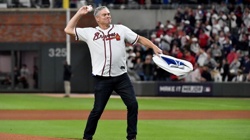 Former Braves star Dale Murphy throws out the first pitch before Game 2 of the NLCS against the Los Angeles Dodgers Sunday, Oct. 17, 2021, at Truist Park in Atlanta. (Hyosub Shin / Hyosub.Shin@ajc.com)