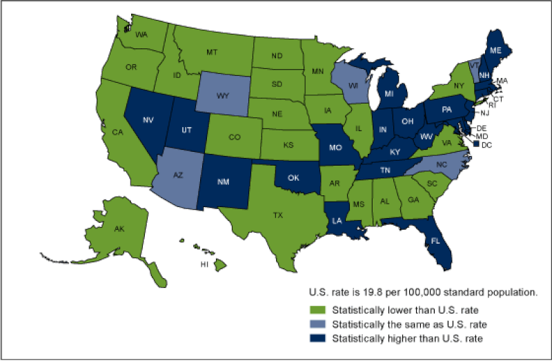 Age-adjusted drug overdose death rates, by state: United States, 2016