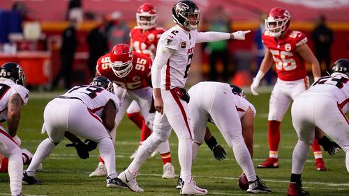 Atlanta Falcons quarterback Matt Ryan (2) calls a play at the line of scrimmage during the first half against the Kansas City Chiefs, Sunday, Dec. 27, 2020, in Kansas City, Mo. (Jeff Roberson/AP)