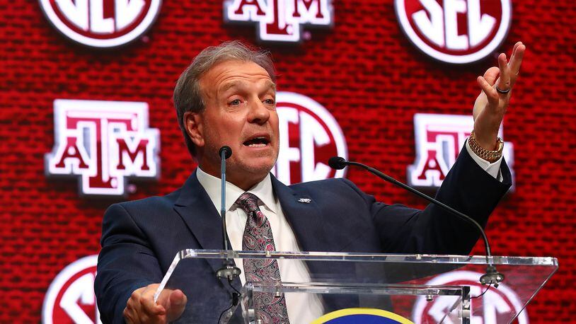 Texas A&M coach Jimbo Fisher holds his news conference on Thursday at SEC Media Days at the College Football Hall of Fame in Atlanta.   (Curtis Compton / Curtis Compton@ajc.com)