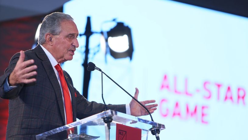 October 23, 2017.     Atlanta United Owner Arthur Blank,  r speaks during a press conference ware Atlanta was selected to host the 2018 MLS All Star game at the Mercedes-Benz stadium on Monday 23, 2017.