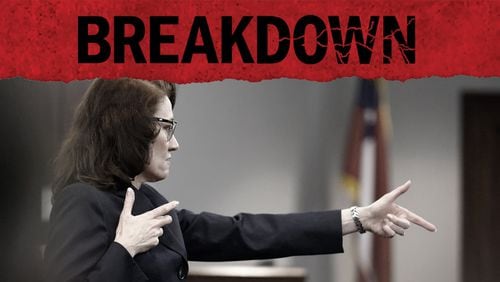 Prosecutor Linda Dunikoski gestures as she speaks during opening statements in the trial for the three men charged in Ahmaud Arbery's killing. Episode 15 of the AJC's "Breakdown" podcast examines the opening statements, and lingering questions over the makeup of the jury. (Octavio Jones / AP)