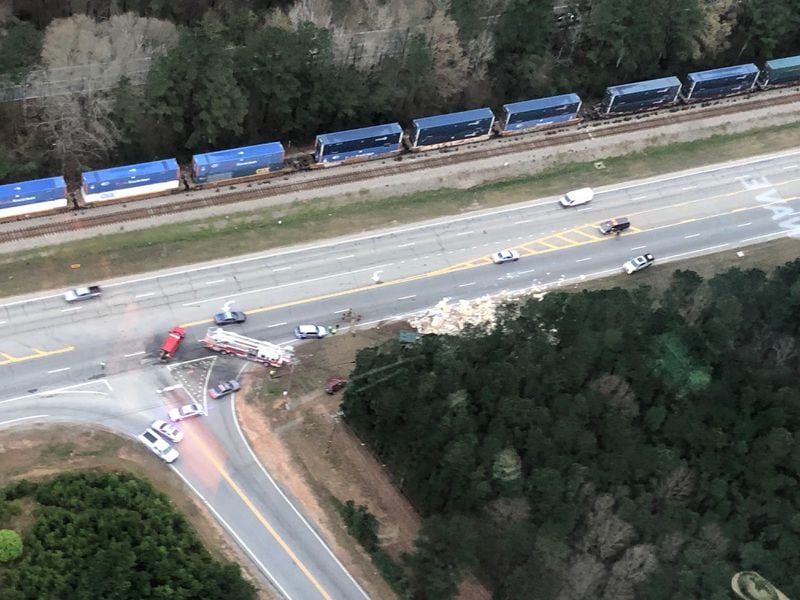 The WSB Skycopter flew over this bad dump truck crash on Fairburn on Highway 29 on March 14th, 2019.