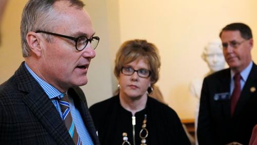 Lt. Gov. Casey Cagle (from left), state Sens. Renee Unterman, R-Buford, and Dean Burke, R-Bainbridge, speak to the press after a vote this week. BOB ANDRES /BANDRES@AJC.COM