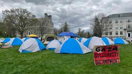 A student encampment is shown at Middlebury College as they protest the Israel-Hamas war in Middlebury, Vt., on Thursday, May 2, 2024. (AP Photo/Lisa Rathke)