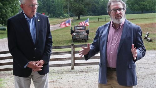 052720 McDonough: U.S. Environmental Protection Agency (EPA) Administrator Andrew Wheeler (right) takes questions from farmers and the media with Georgia Agriculture Commissioner Gary Black (left) looking on while kicking off his Georgia swing at Southern Belle Farm on Wednesday, May 27, 2020, in McDonough.  Curtis Compton ccompton@ajc.com