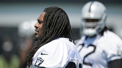 Oakland Raiders running back Marshawn Lynch during an NFL football team activity Tuesday, May 23, 2017, in Alameda, Calif. (AP Photo/Eric Risberg)