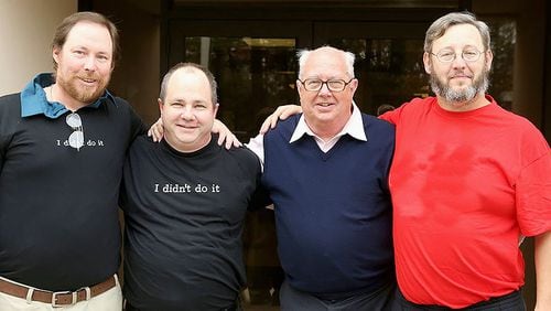 Jim McCloskey, second from right, poses for a photo with three men he helped free from prison. From left, Kenny Gardiner, Dominic Lucci, McCloskey and Mark Jones. McCloskey founded Centurion Ministries, a New Jersey nonprofit that works to free wrongfully convicted inmates. (Courtesy of Diane Bladecki)