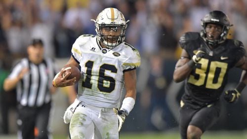 Tech quarterback TaQuon Marshall (16) runs for a touchdown in the second half of an NCAA college football game at Bobby Dodd Stadium on Saturday, October 21, 2017. Georgia Tech beat Wake Forest 38-24. HYOSUB SHIN / HSHIN@AJC.COM