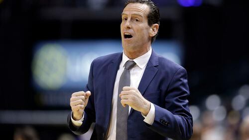 Brooklyn Nets head coach Kenny Atkinson gestures on the sideline during the first half of an NBA basketball game against the Indiana Pacers in Indianapolis, Thursday, Jan. 5, 2017. (AP Photo/Michael Conroy)