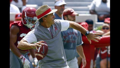<p>               Georgia football coach Kirby Smart speaks to reporters in Athens, Ga., Tuesday, Aug.. 7, 2018. (Joshua L. Jones/Athens Banner-Herald via AP)             </p> <p>               Alabama head coach Nick Saban throws a pass during a NCAA college football practice, Saturday, Aug. 4, 2018, in Tuscaloosa, Ala. (AP Photo/Butch Dill)             </p> <p>               Mississippi wide receiver A.J. Brown is interviewed during NCAA college football media day at the Manning Center in Oxford, Miss., Thursday, Aug. 2, 2018. (Bruce Newman/The Oxford Eagle via AP)             </p> <p>               Georgia quarterback Jake Fromm (11) looks on during an NCAA college football practice in Athens, Ga., Saturday, Aug. 4, 2018. (Joshua L. Jones/Athens Banner-Herald via AP)             </p> <p>               FILE - In this Jan. 1, 2018, file photo, Alabama defensive lineman Raekwon Davis (99) gestures after a stop in the first half of the Sugar Bowl  NCAA college football game against Clemson in New Orleans. Alabama’s Raekwon Davis, who had 10 tackles for loss last season and seems primed to be just the next in a long line of dominant defenders for Nick Saban. (AP Photo/Butch Dill, File)             </p>