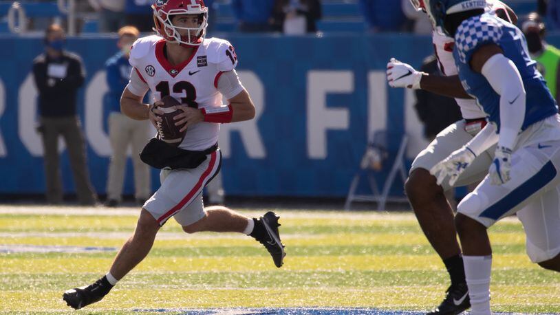 Georgia quarterback Stetson Bennett (13) during the Bulldogs' game with Kentucky in Lexington, Ky., on Saturday, Oct. 31, 2020. (Photo by Mark Cornelison)