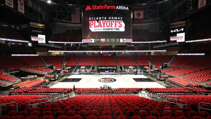 070321 Atlanta: State Farm Arena is set for the Atlanta Hawks to play the Milwaukee Bucks in game 6 of the NBA Eastern Conference Finals on Saturday, July 3, 2021, in Atlanta.   “Curtis Compton / Curtis.Compton@ajc.com”