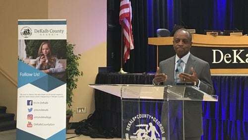 DeKalb County CEO Mike Thurmond discussed road repairs, Sheriff Jeff Mann's arrest and other topics during a press conference Wednesday, May 17, 2017, at the Manuel Maloof Auditorium in Decatur. MARK NIESSE / MARK.NIESSE@AJC.COM