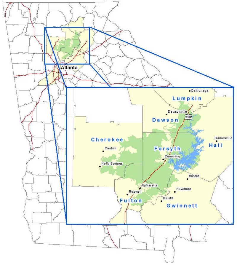Sawnee EMC services parts of Gwinnett, north Fulton, Cherokee, Forsyth, Dawson, Hall and Lumpkin counties.