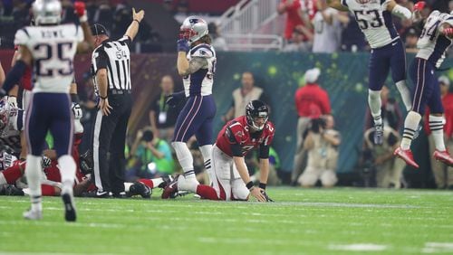 The New England Patriots celebrate a recovery of Matt Ryan’s fumble in the fourth quarter of Super Bowl LI at NRG Stadium in Houston, TX, Sunday, February 5, 2017. The Patriots beat the Falcons in OT 34-28. (Curtis Compton/AJC)