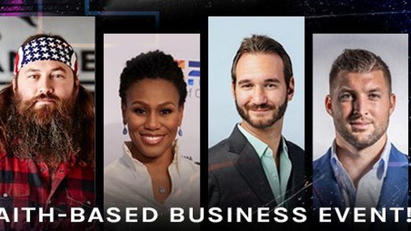 Appearing in person, among the speakers for the Life Surge business event will be (l-r) Willie Robertson, Priscilla Shirer, Nick Vujicic and Tim Tebow at the Cobb Energy Performing Arts Centre on Aug. 20. (Courtesy of Life Surge)