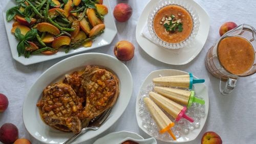 Summer peach dishes include (clockwise, from lower left) Grilled Pork Chops with Ginger Peach Barbecue Sauce, Green Beans with Buttery Peaches, Peach Gazpacho, and Dreamy Peach Ice Pops. (Virginia Willis for The Atlanta Journal-Constitution)