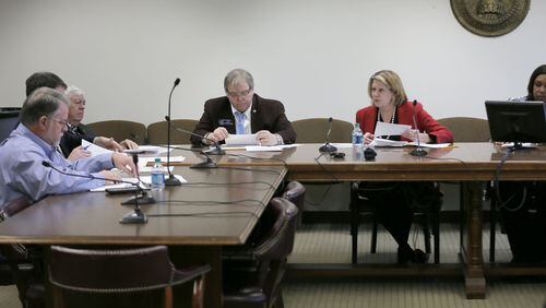 Georgia House Speaker Pro Tem Jan Jones (second from right) led Thursday’s first meeting of the Subcommittee on Harassment & Conduct, which is reviewing the Georgia General Assembly’s sexual harassment policies. The subcommittee could produce stricter rules, training and reporting requirements. BOB ANDRES /BANDRES@AJC.COM