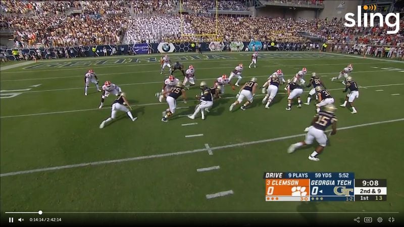 A screen capture of a toss play to B-back Jerry Howard on the Georgia Tech's game-opening drive. A slow jump off the snap by the right side of the line likely helped Clemson cornerback A.J. Terrell force a fumble on the toss. (Screen capture from ABC broadcast)