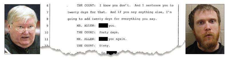 Judge Bryant Durham Jr., left, and defendant Denver Fenton Allen with a fragment of the transcript of their conversation. 