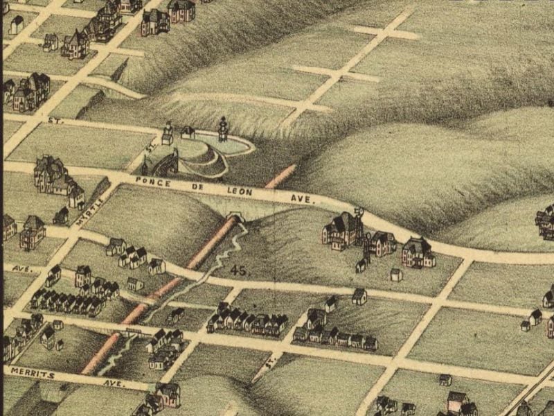 This detail from a Bird's Eye View print of Atlanta from 1892 shows that the blocks of Ponce de Leon Avenue between Myrtle Street and Argonne Avenue were once a ravine that was filled in with dirt.