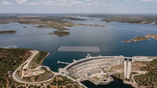 The floating solar array near Alqueva dam. Currently capable of generating five megawatts of electricity, it will eventually expand to 70 megawatts. Photo courtesy of EDP