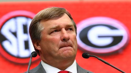 Georgia coach Kirby Smart speaks at SEC Media Days in the College Football Hall of Fame on Wednesday, July 20, 2022, in Atlanta.   “Curtis Compton / Curtis Compton@ajc.com”