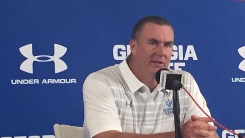 Panthers coach Shawn Elliott speaks with the media following GSU's 34-10 loss to Troy on Saturday. The Panthers are 3-3 but 3-1 in Sun Belt play. (Gabriel Burns / AJC)