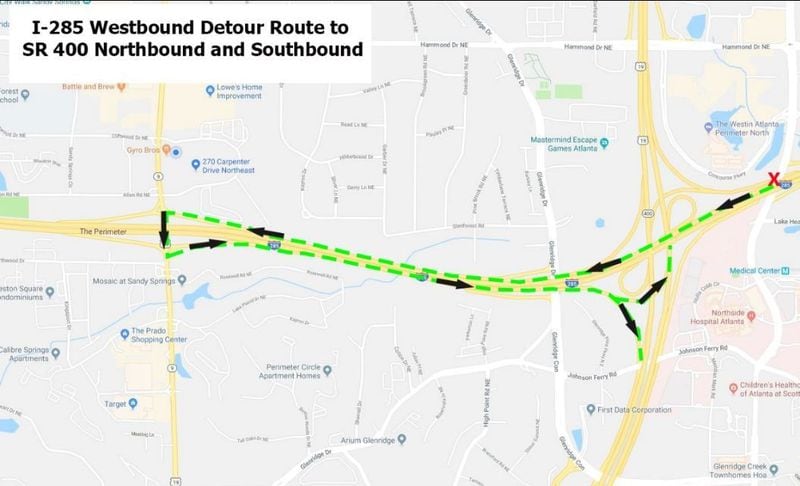This is a map of the nighttime rerouting at I-285 and Ga. 400 through Saturday, Feb. 16, 2019.