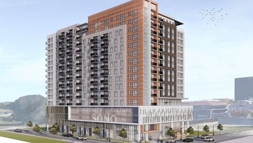 A luxury apartment tower is planned near the former Peachtree-Pine homeless shelter. (Source: Woodfield Development)