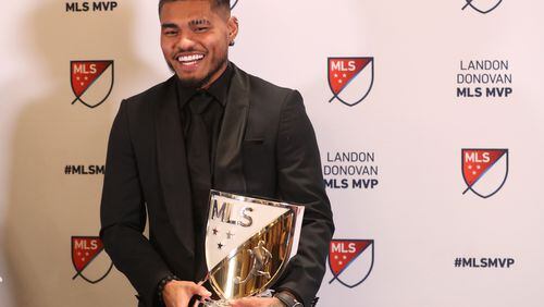 Atlanta United forward Josef Martinez reacts after receiving the MLS MVP at the Arthur M. Blank Family Office Wednesday, December 5, 2018, in Atlanta.  (JASON GETZ/SPECIAL TO THE AJC)