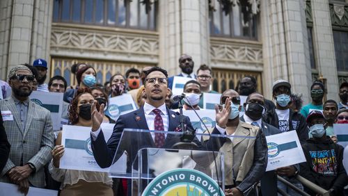 Atlanta City Councilman Antonio Brown speaks during a press conference outside of Atlanta City Hall in Atlanta, Friday, May 14, 2021. During the presser, Councilman Brown announced that he is running for mayor of Atlanta. (Alyssa Pointer / Alyssa.Pointer@ajc.com)