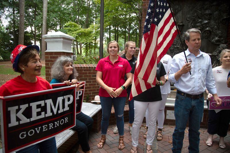 Secretary of State Brian Kemp talks to a crowd at a gubernatorial campaign rally at the Roswell City Hall on Sunday, July 22, 2018. (Photo: STEVE SCHAEFER / SPECIAL TO THE AJC)