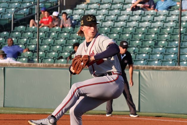 Braves 2023 first-round pick Hurston Waldrep pitches for the Double-A Mississippi Braves May 21, 2024 against the Chattanooga Lookouts at AT&T Field in Chattanooga, Tennessee. (Photo by John Bradford/Chattanooga Lookouts)