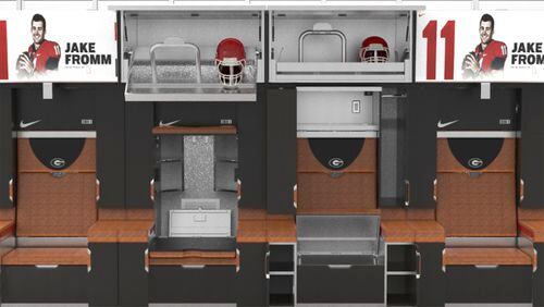 A rendering of Georgia's new locker-room stalls. QB Jake Fromm won’t be there however. Photo: UGA Athletic Department.