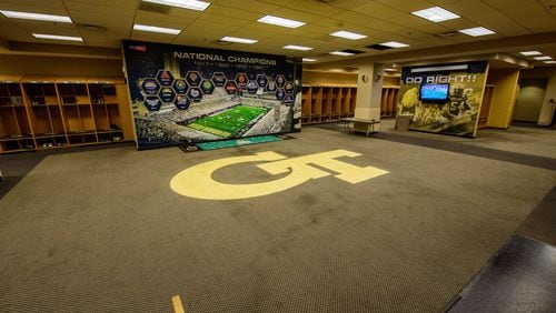 The Georgia Tech locker room, as it appeared in 2013. The room looks essentially the same now. (Danny Karnik/GT Athletics)