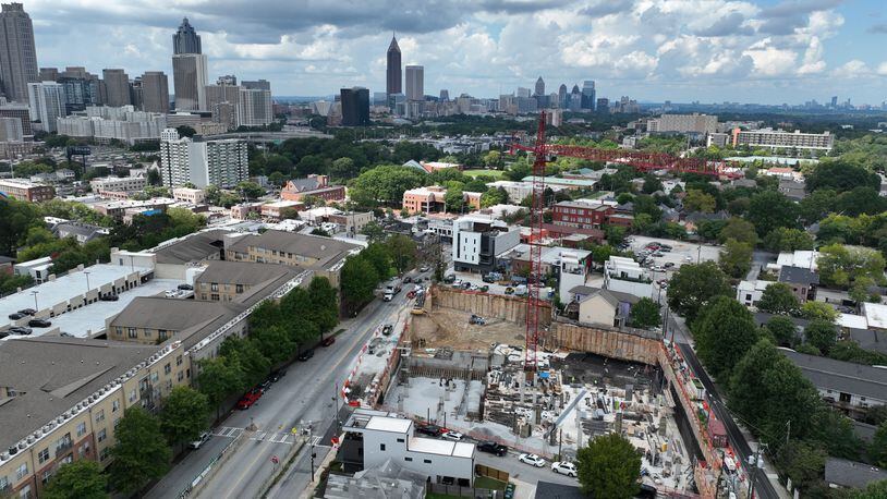 The footprint of a large new development in the Old Fourth Ward neighborhood is shown from above on Thursday, September 8, 2022. (Hyosub Shin / Hyosub.Shin@ajc.com)